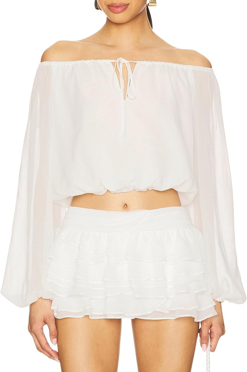 SUNNOW Women's Chiffon Off-Shoulder Elegant Flowy Blouse Tops Long Sleeve Blouse for Casual Party - Image 1
